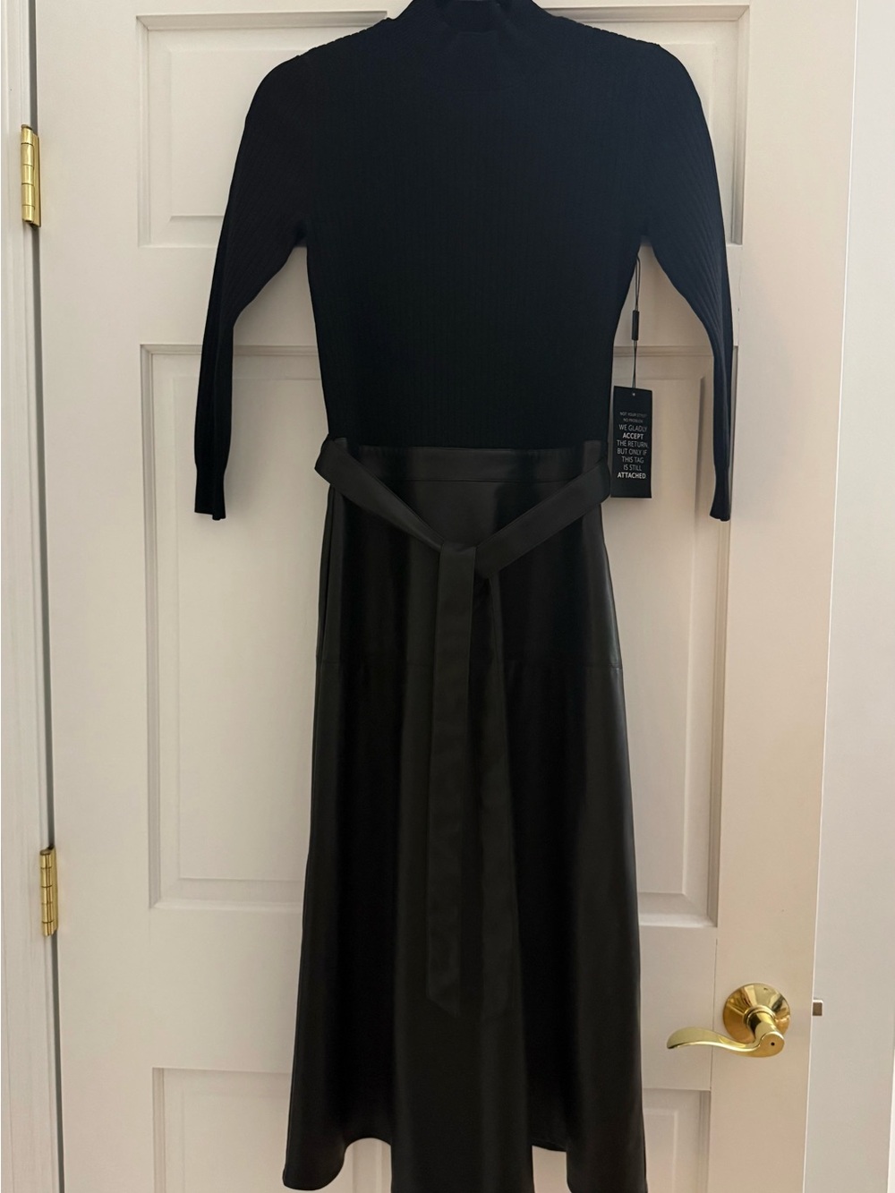 NEW WITH TAGS - Black faux leather/ribbed Midi Dress with Waist Tie